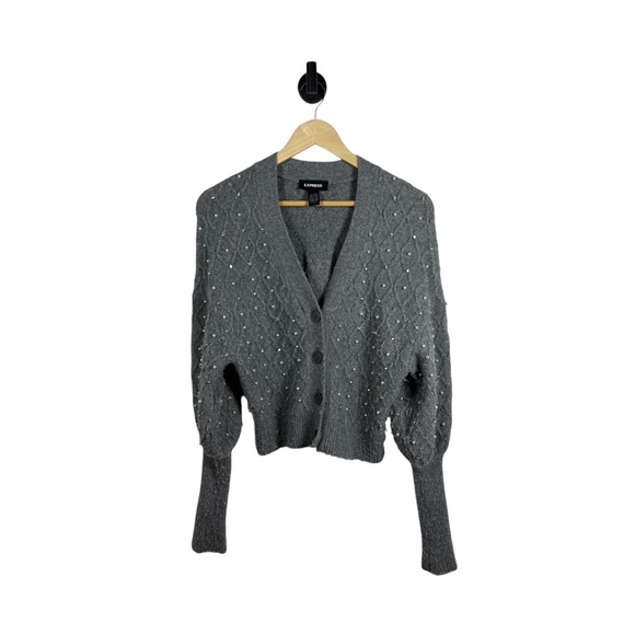 Express Embellished V-Neck Balloon Sleeve Cardigan in Grey Size XS - Picture 5 of 15